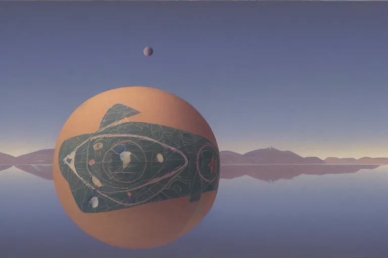 Image similar to a giant floating sphere covered in canadian aboriginal patterns hovering above a Yukon lake, painted by Ralph McQuarrie, matte painting