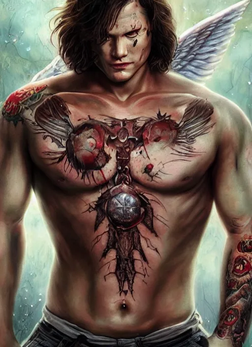 Prompt: Sam Winchester as a muscular angel with religious tattoos on chest and neck, stained and bleeding, magic overlays, magic flames, romance book cover style, D&D illustration style, (octane render) fantasy style, sharp focus, ultra detailed, art by Artgerm and Peter Andrew Jones, Ayami Kojima, Amano and Olivier Ledroit