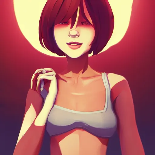 Prompt: character deisgn by lois van baarle, artgerm, helen huang, by makoto shinkai and ilya kuvshinov. cute scarlet red haired cybertronic woman, steel gray body, denim shorts, jacket, wandering at beach at sunset, pretty smile, elegant, octane render, exaggerated proportions, looking at camera