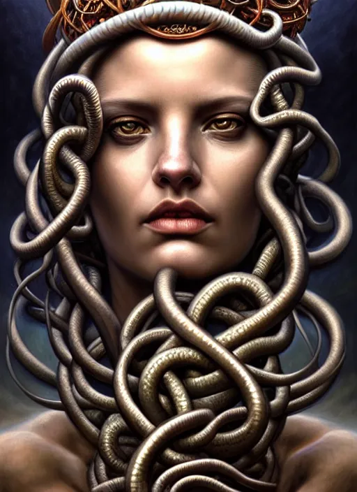 Image similar to closeup portrait shot of a medusa in a scenic dystopian environment, intricate, elegant, highly detailed, centered, digital painting, artstation, concept art, smooth, sharp focus, illustration, artgerm, tomasz alen kopera, peter mohrbacher, donato giancola, joseph christian leyendecker, wlop, boris vallejo