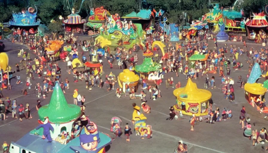 Prompt: 1990s photo of inside the Magic Cats Silly Hat Town ride at Disney World in Orlando, Florida, children riding on tiny ice cream trucks through a Gnome village , slime mice, Bears, business men, cinematic, UHD