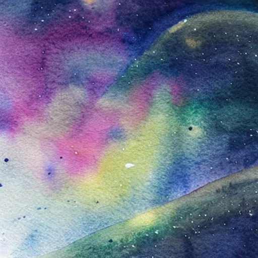 Image similar to high - angle view, close - up portrait, vague uap interstellar vehicle on top of an ephemeral rainbow in the sky, muted watercolor. minimalist, detailed, heavy under paint, muted colors. ue 5