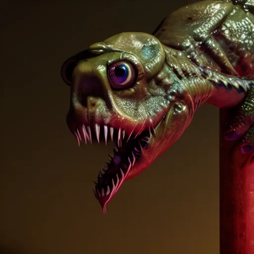 Prompt: a beautiful halitrephes maasi monster with huge eyes and sharp teeth doing a spatchcock on a stripper pole, highly detailed, smooth, very very clean, 8 k, cinematic movie photograph, cinematic lighting, octane render, zbrush central contest winner, 3 d maya render