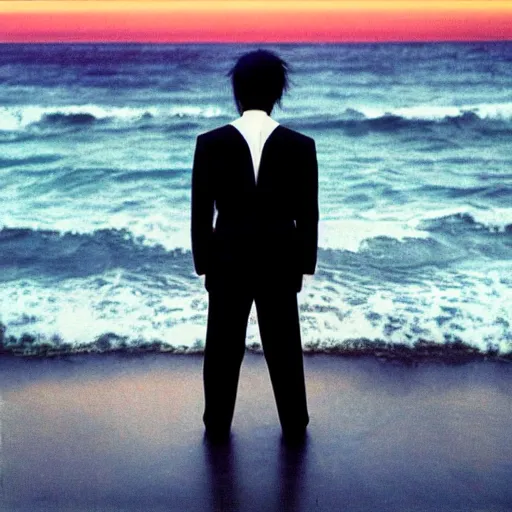 Prompt: japanese man with long hair in a suit standing in the ocean looking at the camera, wide shot, far away, zoomed out, sunset, album cover, 1980, tatsuro yamashita, ride on time