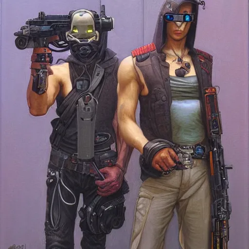 Prompt: portrait of three cyberpunk hired guns, by gerald brom