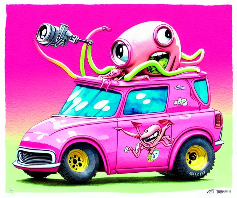 Image similar to cute and funny, pink colored squid wearing goggles riding in a tiny hot rod with oversized engine, ratfink style by ed roth, centered award winning watercolor pen illustration, isometric illustration by chihiro iwasaki, edited by range murata, tiny details by artgerm and watercolor girl, symmetrically isometrically centered