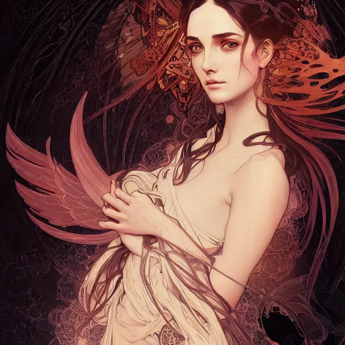 Image similar to A portrait of A beautiful! angel in black flames!! by Ross Tran!!! and alphonse mucha and greg rutkowski! and gustav doré!,In style of digital art illustration.Symmetry.Highly detailed face.Fantasy,smooth,hyper detailed,sharp focus,Soft light.trending on artstation.4k