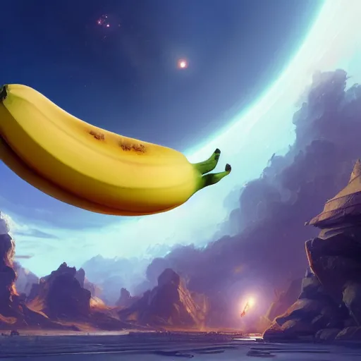 Image similar to a gigantic banana floating in space, illustration by tyler edlin and greg rutkowski, detailed, sharp, masterpiece, highly detailed, photorealistic, octane render, 8 k, unreal engine 5, trending on artstation
