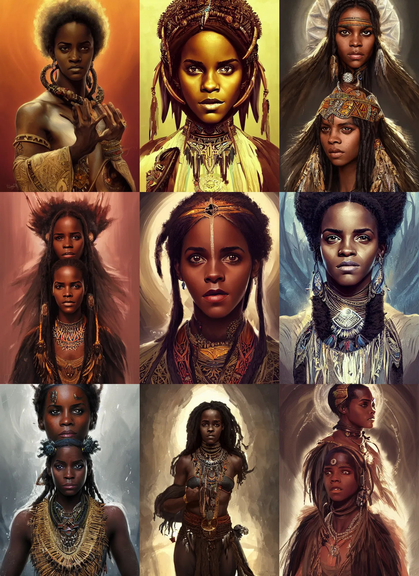 Prompt: black african emma watson as shaman, portrait, symmetric, intricate, highly detailed, digital painting, artstation, concept art, sharp focus, illustration, aleksi briclot, rutkowski, mucha