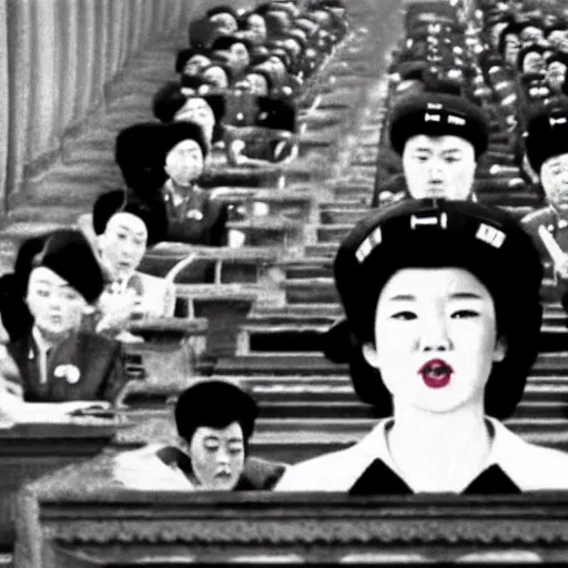 Image similar to a film still of a north korean monster movie, film noir, video compression, ripple effect