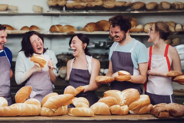 Image similar to 3 people in a bakery laughing at bread,