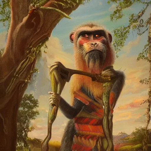 Image similar to An exquisite oil painting of a mandrill baboon dressed like Prince Philip with a lovely beard