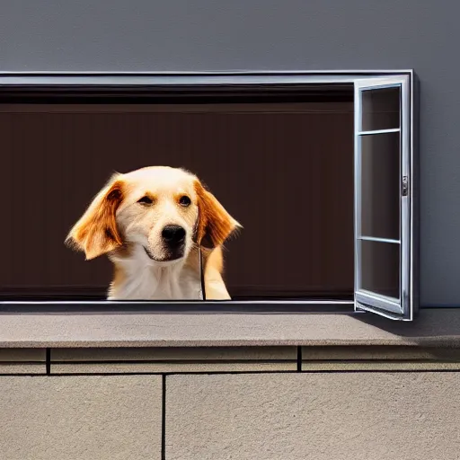 Prompt: ultrawide photo of dog near aluminium window, 8k,