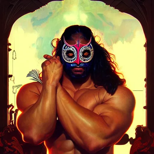 Image similar to portrait of lucha libre dj, muscular, fantasy, intricate, elegant, highly detailed, digital painting, artstation, concept art, smooth, sharp focus, illustration, art by artgerm and greg rutkowski and alphonse mucha