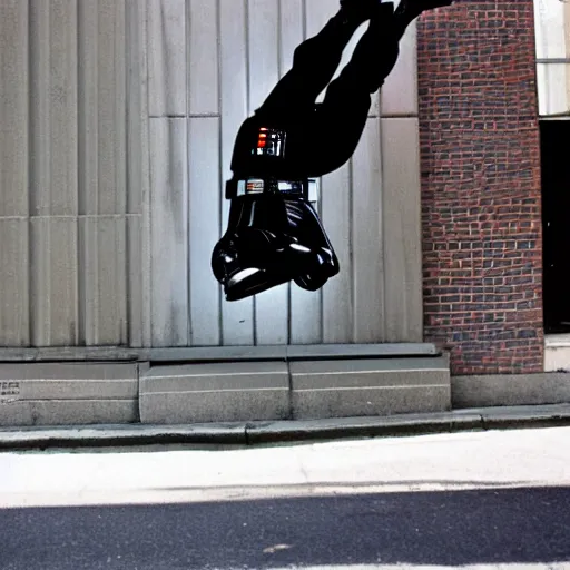 Prompt: darth vader break dancing on a street corner, brooklyn, day time, sunny, the 8 0's