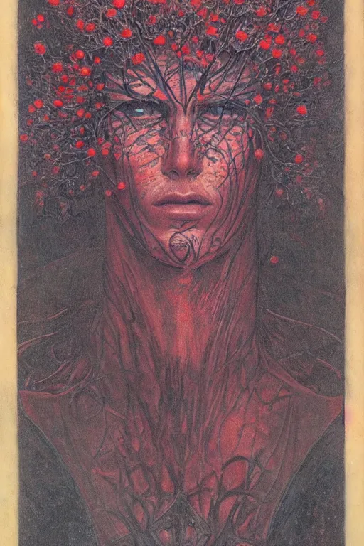 Image similar to portrait of beautiful gothic young man, thunderstorm, cyber armor, a lot of scars, more and more flowers, red head, the middle ages, highly detailed, artstation, illustration, art by jean delville, 8 k quality, art by greg gandy