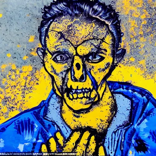 Prompt: selfie of the last surviving ukrainian, burning alive to the bone, wild pain and damage to the body, painted in dirty yellow - blue colors, against the backdrop of a huge nuclear explosion