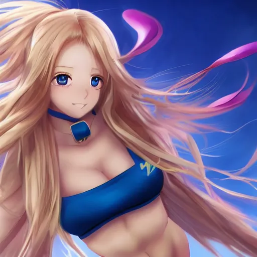 Prompt: a very beautiful young anime cheerleader girl, full body, long wavy blond hair, sky blue eyes, full round face,, bikini, miniskirt, front view, mid - shot, highly detailed, cinematic wallpaper by stanley artgerm lau