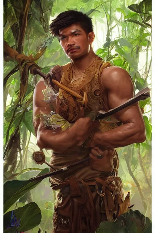 Prompt: full character concept art, doug marcaida holding a kampilan, dense jungle, forge, fire and sparks, it wil keel!!, detailed, high quality, dynamic lighting, dark fantasy. artwork by artgerm, wlop, alex ross, greg rutknowski, alphonse mucha