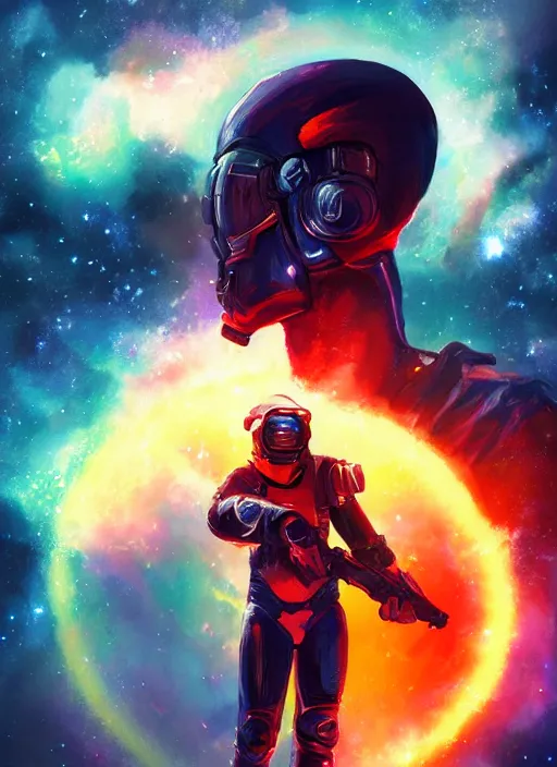 Prompt: space soldier, handsome young black male in front of exploding nebulae, digital illustration trending on artstation by artgerm and rutkowski