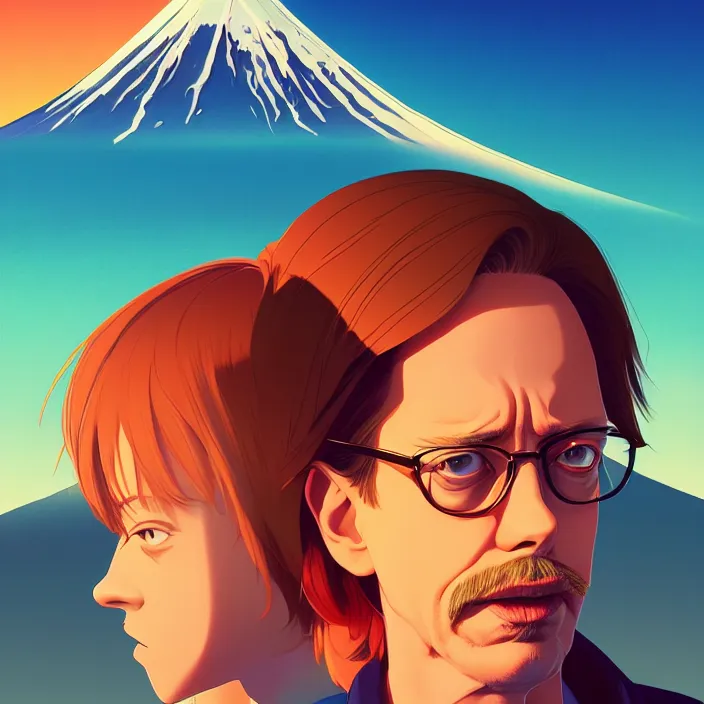 Image similar to portrait of steve buscemi, mount fuji background, rich vivid colors, ambient lighting, dynamic lighting, 4 k, hq, official media, anime key visual, makoto shinkai, ilya kuvshinov, lois van baarle, rossdraws, detailed, trending on artstation