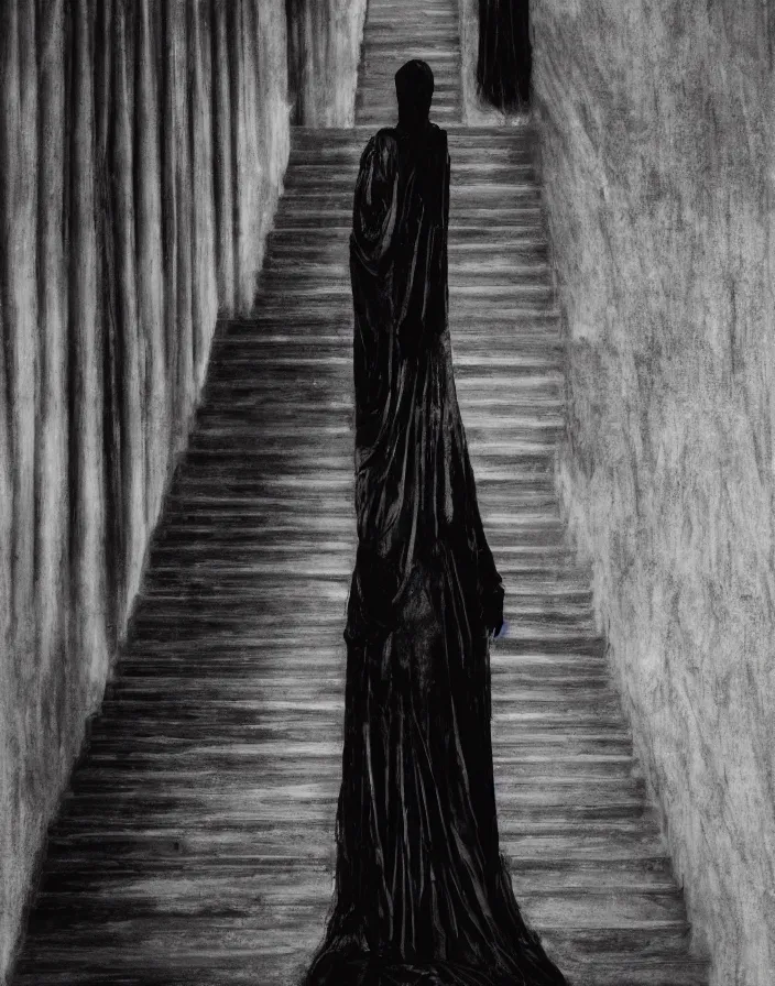 Image similar to several ritualistic figures shrouded in a long trailing dark black opaque gown, descending in tandem down a giant marble staircase in a dark room, photorealism, hyperrealism, harsh lighting, dramatic lighting, medium shot, serious, gloomy, foreboding, cinematic, creepy