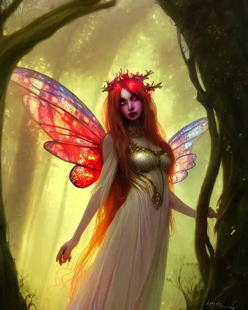 Image similar to stunningly beautiful female faerie priestess in amanita muscaria forest landscape, symmetrical wings on back, neon hair, fantasy art, wearing a dress of gossamer gold, dark light night, sharp focus, digital painting, 4 k, concept art, art by wlop, greg rutkowski and alphonse mucha, brom, face by otto schmidt