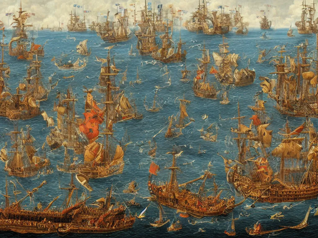 Prompt: An oil painting of a medieval naval battle, highly detailed, intricate, 4k, masterpiece