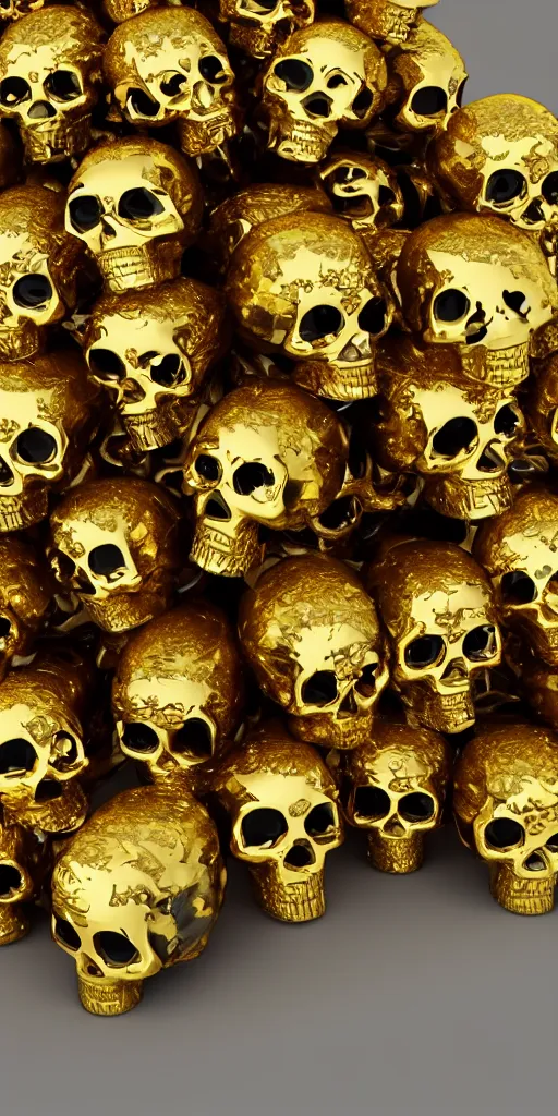 Prompt: many gold skulls stacked on top of each other with flowers and jewerly, photorealistic render, unreal engine, octane render, metallic reflections, physically based rendering, 3 d, dramatic, studio lighting, cinematic, ornate, intricate, highly detailed, 4 k, hd, digital art