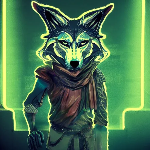 Prompt: wolf headed shaman, meditating, floating, angry, cyberpunk, junkyard, neon glow, electric glow, dark dynamic lighting