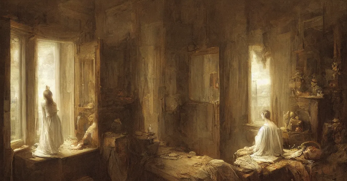 Prompt: view from behind mirror, very deep stillness atmosphere, dimension of still moment, spiritual style, digital art, by augustus edwin mulready