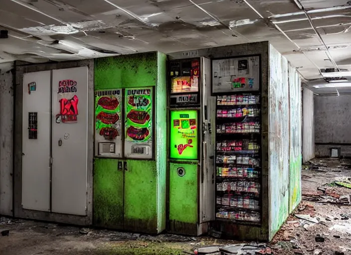 Prompt: an abandoned industrial basement lit by a lone vending machine selling GAK, unsettling image