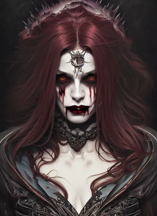 Prompt: hyper detailed ultra sharp painting of a vampire revenant. trending on artstation, warpaint aesthetic, darkwave, gothic, eerie, ornate, intricate, digital painting, concept art, smooth, sharp focus, illustration, art by artgerm and james jean, gilleard james and alphonse mucha, 8 k