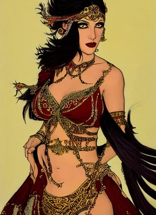 Prompt: painting of alluring belly dancer, combat regalia, with shoulder length brunette hair, dark skin, feathers, sharp focus, award - winning, trending on artstation, masterpiece, highly detailed, intricate. art by rebecca guay