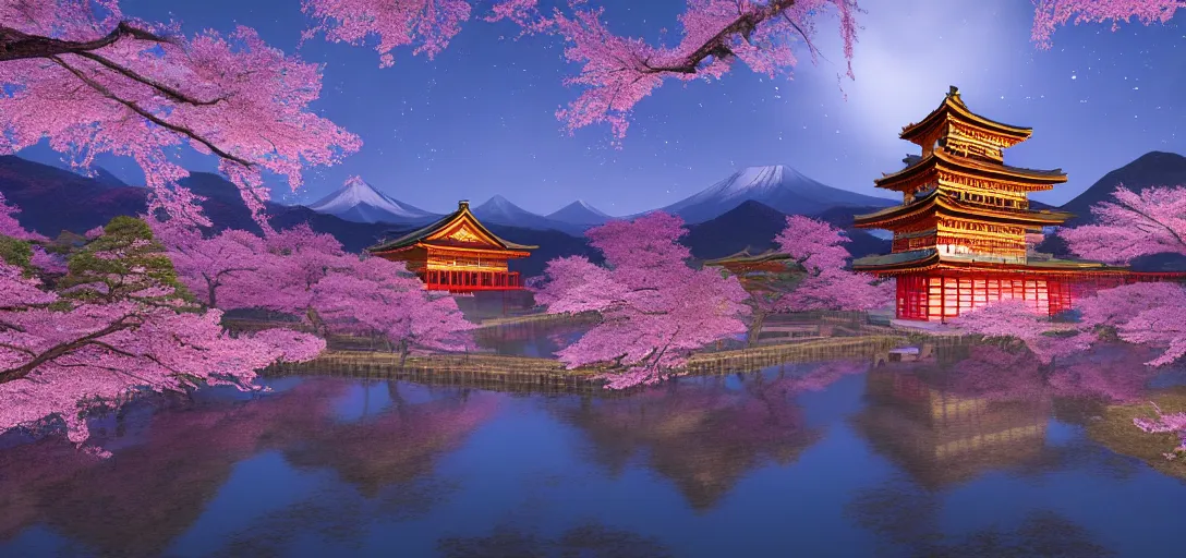 Image similar to very beautiful view of an ancient japanese city at night, large temples with glowing windows, glowing cherry blossom trees, watery lake with dappled reflections, icy mountains in the background, calm clouds, cinematic lighting, ultra detailed, sharp, ambient occlusion, raytracing, by dylan cole, sebastian meyer and jordan grimmer