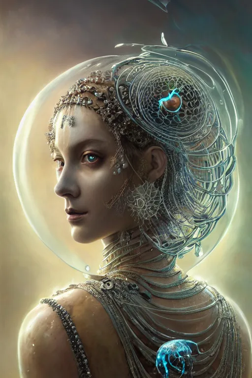 Image similar to a centered render of an alluring post apocalyptic goddess with wearing ornate silver and gemstones and crystal clothing surrounded by flowing liquid gallium jellyfish and sacred geometry, perfect body and face, gorgeous, cinematic, beautifully lit, by tomasz alen kopera and peter mohrbacher and craig mullins, 3 d, trending on artstation, octane render, 8 k