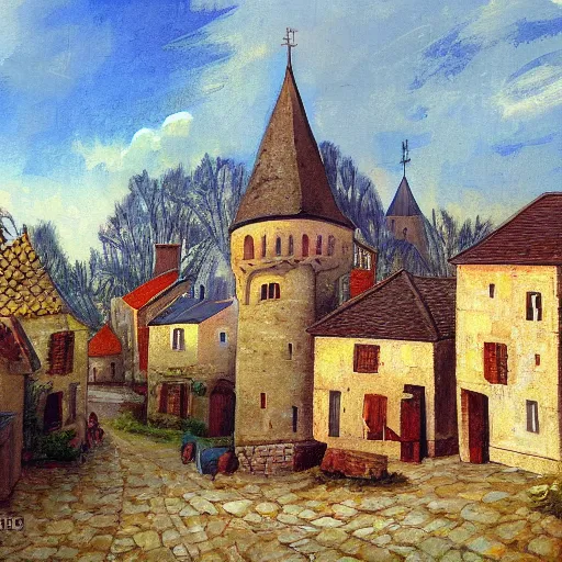 Prompt: painting of a rural French medieval village, by Aleksander Rostov