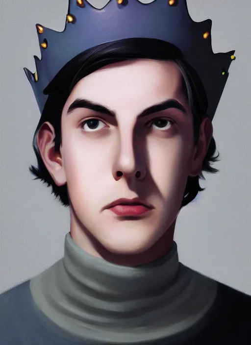 Image similar to portrait of teenage jughead jones wearing a light grey crown, crown, blue turtleneck, 1 9 5 0 s, closed eyes, photorealistic, black hair, glowing lighting, intricate, elegant, glowing lights, highly detailed, digital painting, artstation, concept art, smooth, sharp focus, illustration, art by wlop, mars ravelo and greg rutkowski