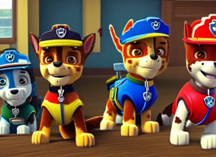 Image similar to a still from the gritty live-action adaptation of Paw Patrol