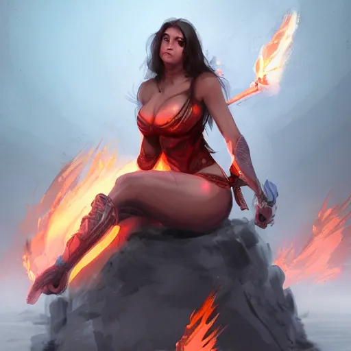 Prompt: Hot fire giantess, sitting down, shrouded humanoid on lap, fire in hand, warrior queen, concept art, artstation, 4k