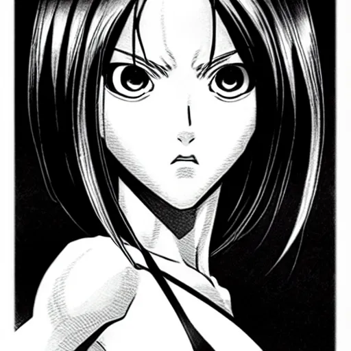 Image similar to alita by yukito kishiro. medium shot. black and white manga. pencil drawing. high detailed face