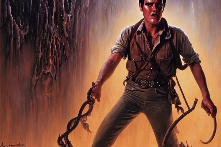 Image similar to portrait of young bruce campbell from evil dead as indiana jones in the temple of doom ( 1 9 8 4 ). oil painting elegant, highly detailed, centered, digital painting, artstation, concept art, smooth, sharp focus, illustration, artgerm, tomasz alen kopera, peter mohrbacher, donato giancola, joseph christian leyendecker drew struzan