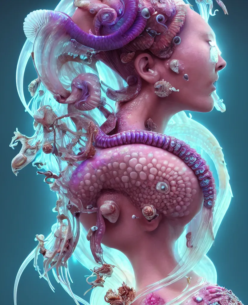 Image similar to goddess princess beautiful face close-up portrait ram skull zbrush sculpt. jellyfish phoenix head, nautilus, orchid, skull, betta fish, bioluminiscent creatures, intricate artwork by Tooth Wu and wlop and beeple. octane render, trending on artstation, greg rutkowski very coherent symmetrical artwork. cinematic, hyper realism, high detail, octane render, 8k