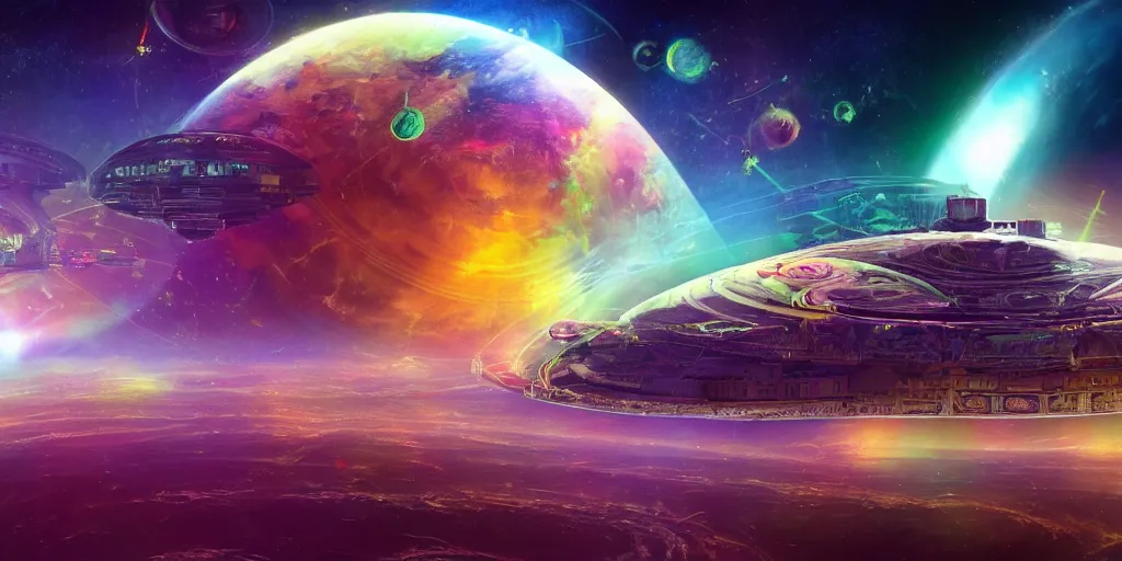 Prompt: a photo of a large distant hi-tech sci-fi mothership, with a lot of vibrant color lights, bridges, turrets, pipes, orbiting a gas giant planet, space photography, color, intricate, extremely detailed, realistic