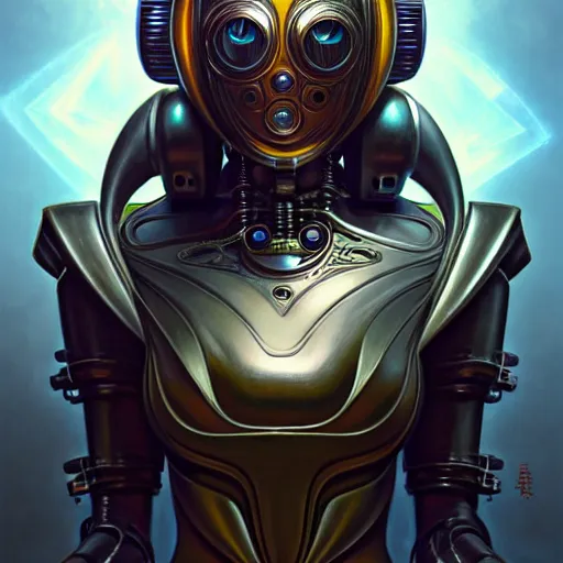 Image similar to front shot of a cyberpunk gazmask robot character, intricate, elegant, highly detailed, centered, digital painting, artstation, concept art, smooth, sharp focus, illustration, artgerm, Tomasz Alen Kopera, Peter Mohrbacher, donato giancola, Joseph Christian Leyendecker, WLOP, Boris Vallejo