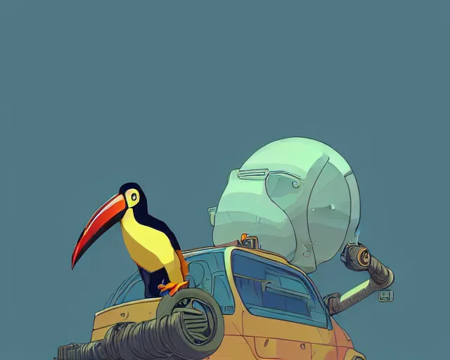 Image similar to a study of cell shaded cartoon of a toucan piloting a mechanic tank, illustration, wide shot, subtle colors, post grunge, concept art by josan gonzales and wlop, by james jean, Victo ngai, David Rubín, Mike Mignola, Laurie Greasley, highly detailed, sharp focus, alien, Trending on Artstation, HQ, deviantart, art by artgem