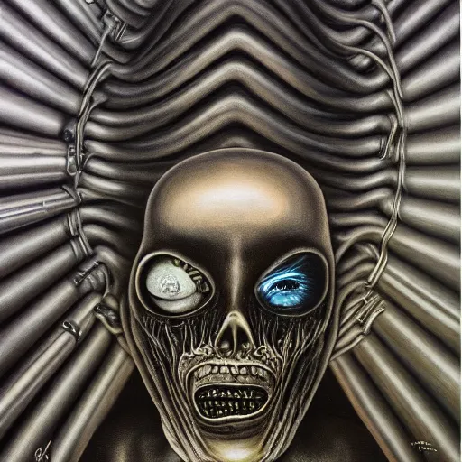 Prompt: peer into the depths of the endless cosmic void, shine a light on your darkest terror. hr giger, oil on canvas, photographic hyperrealism