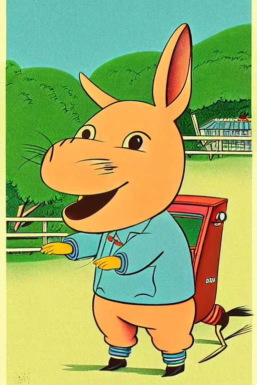 Prompt: by richard scarry. happy donkey. a 1 9 5 0 s retro illustration. studio ghibli. muted colors, detailed