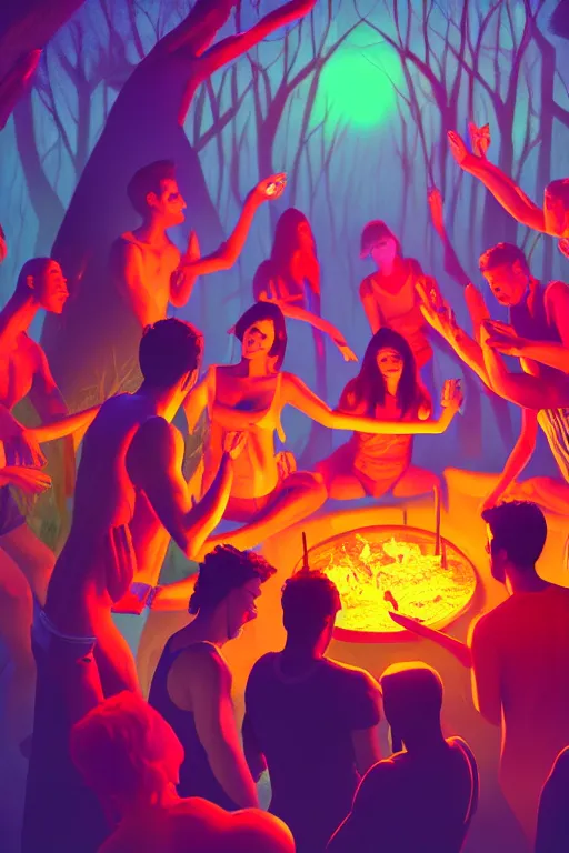 Prompt: scene from a party with 1 0 people in the forest, vibrant colours, beautiful, digital art, winning award masterpiece, cinematic lighting, trending on artstation, 8 k