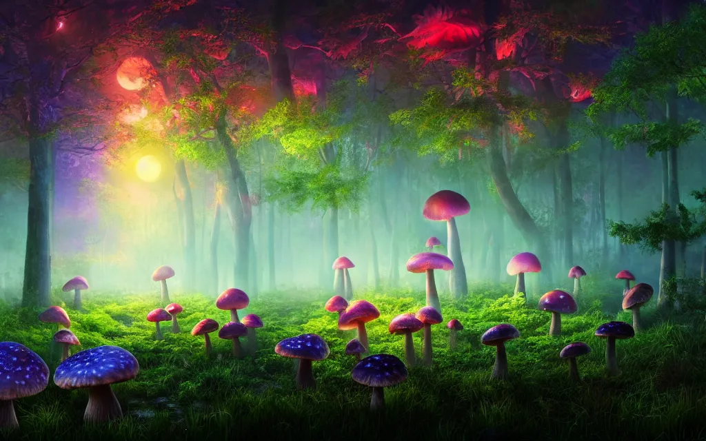 Image similar to a misty swamp with many colorful giant mushrooms, at night, fireflies!, full moon!, many trees!, beautiful lighting, fantasy colors, vivid colors!, highly detailed, octane render, 4 k, trending on artstation